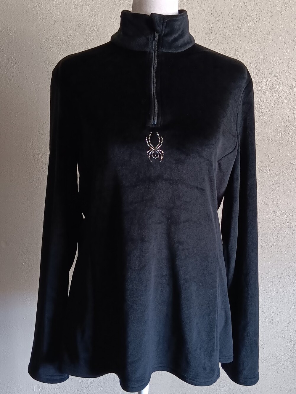 Spyder Shimmer Bug Black Velvet Velour Long Sleeve Quarter Zip Top Womens Large